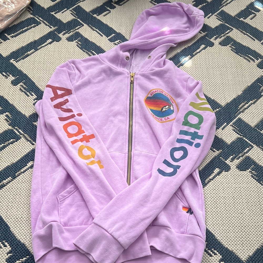 Aviator Nation Lavender Zip-Up with Rainbow Logo
